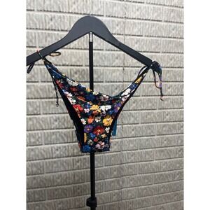 Halcurt Floral Side Tie Bikini Bottoms Black Multi Color Medium NWT
